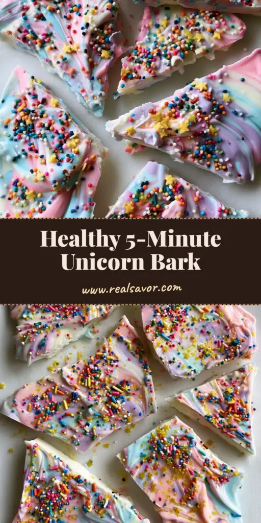 Irregular shards of Unicorn Yogurt Bark with pastel swirls and star sprinkles on parchment paper.