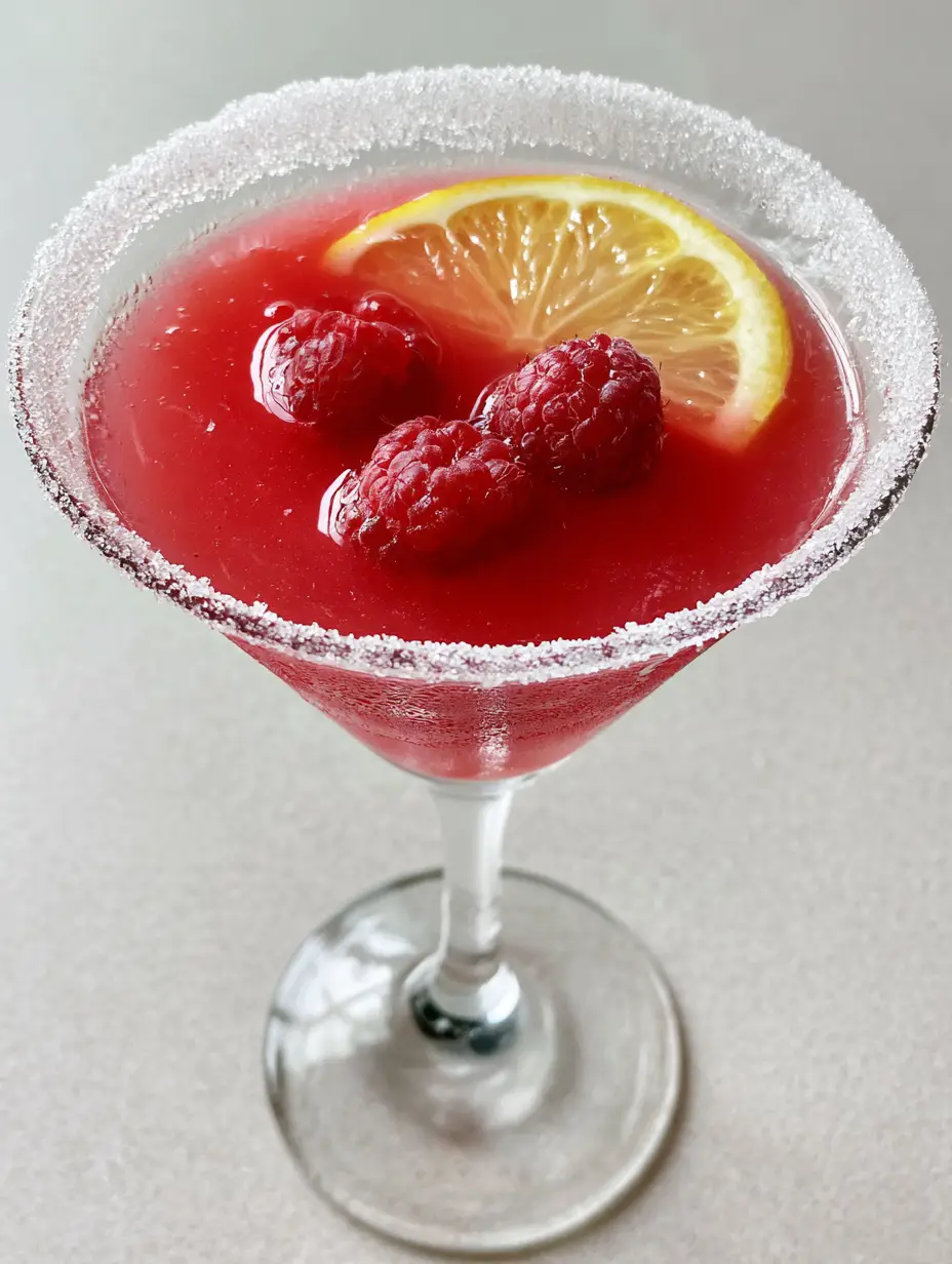 Top-down view of a Raspberry Lemon Drop Cocktail in a martini glass with floating raspberries and a lemon slice.