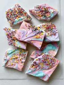 Top-down view of thick Unicorn Yogurt Bark shards with matte texture and lavender swirls.