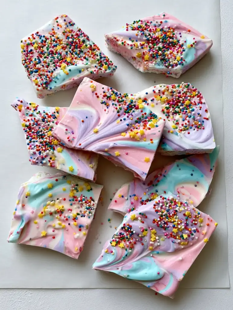 Top-down view of thick Unicorn Yogurt Bark shards with matte texture and lavender swirls.
