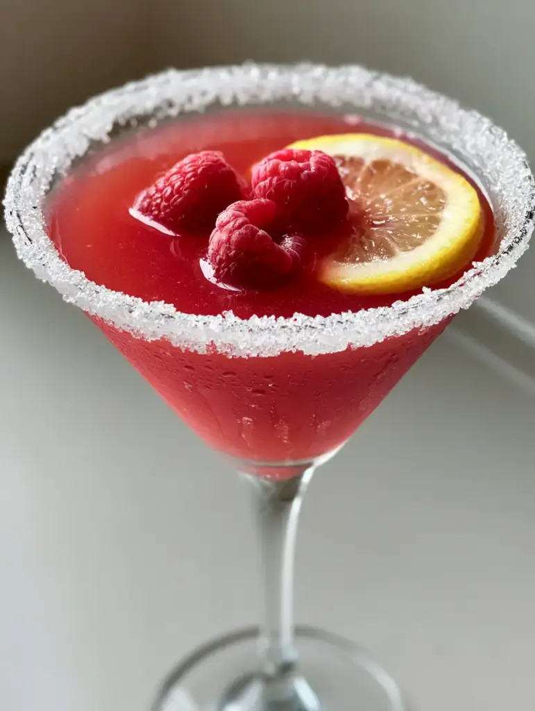 Close up of condensation on a martini glass filled with a pink Raspberry Lemon Drop Cocktail.