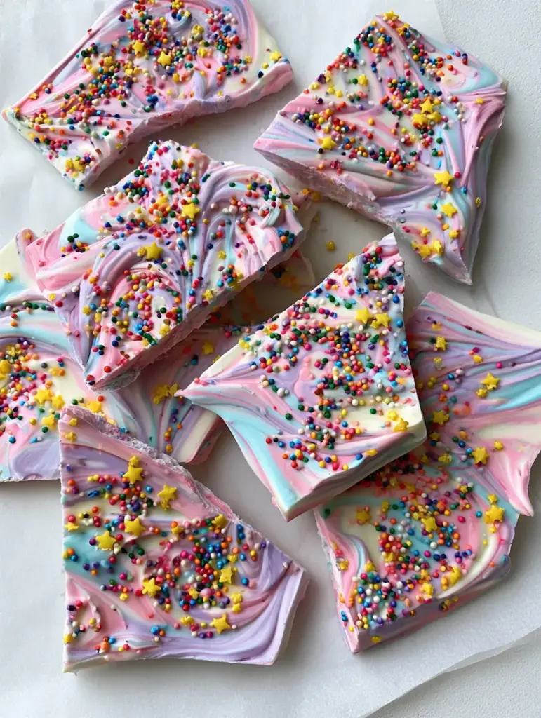Close-up of pastel pink and blue marbled yogurt bark with rainbow nonpareils.