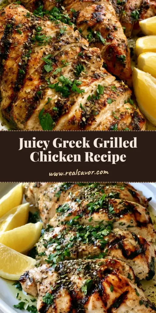 Sliced Greek Grilled Chicken with dark grill marks, garnished with oregano and parsley on a white platter with lemon wedges.