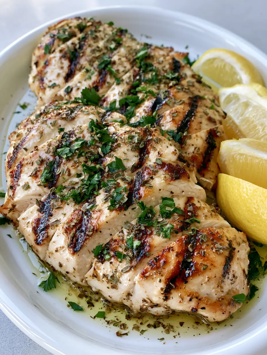Close-up of moist Greek Grilled Chicken showing glistening herb-infused oil and vibrant green parsley scatter.