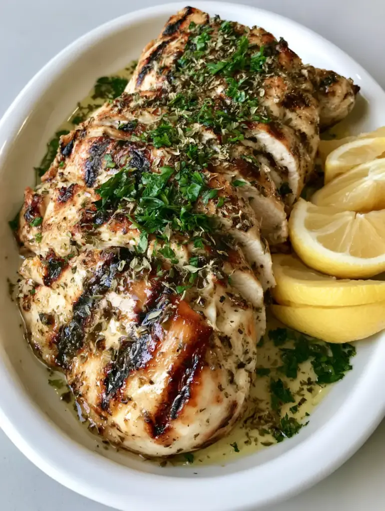 Greek Grilled Chicken slices resting in a layer of lemon juice and oil, showing cross-hatched char marks.