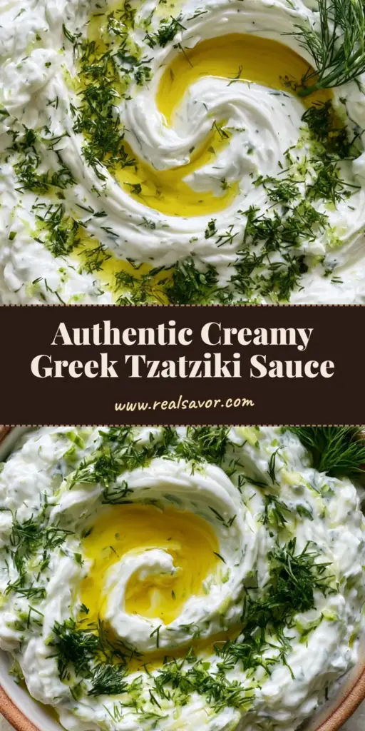 A rustic ceramic bowl of thick white dip topped with green dill and a pool of olive oil on a stone surface. (Authentic Greek Tzatziki Recipe)