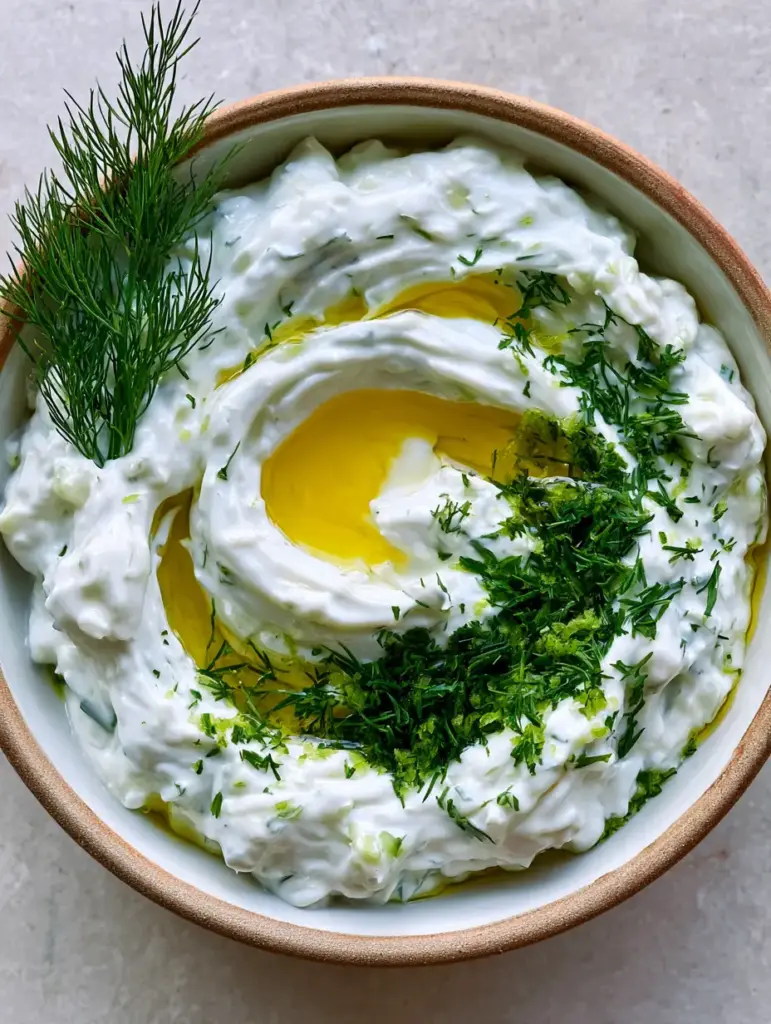 Top-down view of velvety white Greek yogurt dip with deep spoon swirls and golden olive oil. (Authentic Greek Tzatziki Recipe)