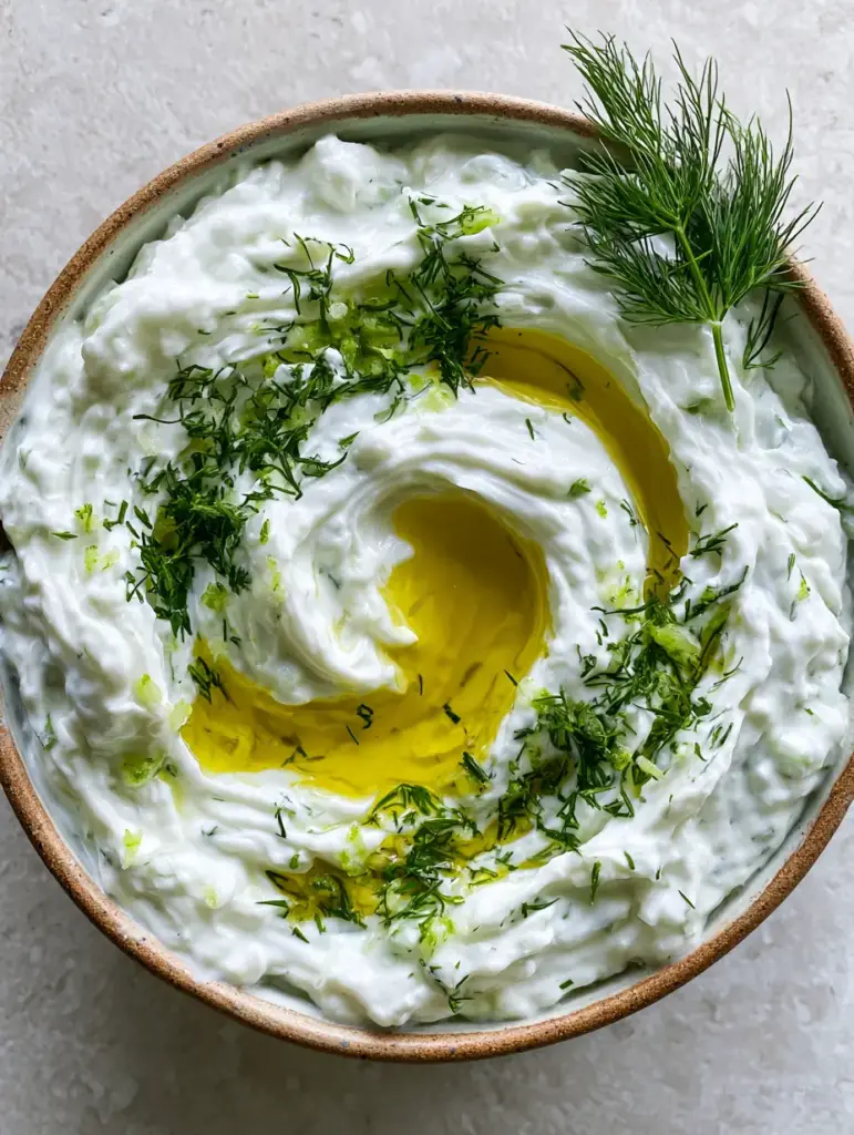 A close up of authentic tzatziki in a ceramic bowl with cracked black pepper and fresh dill sprigs.