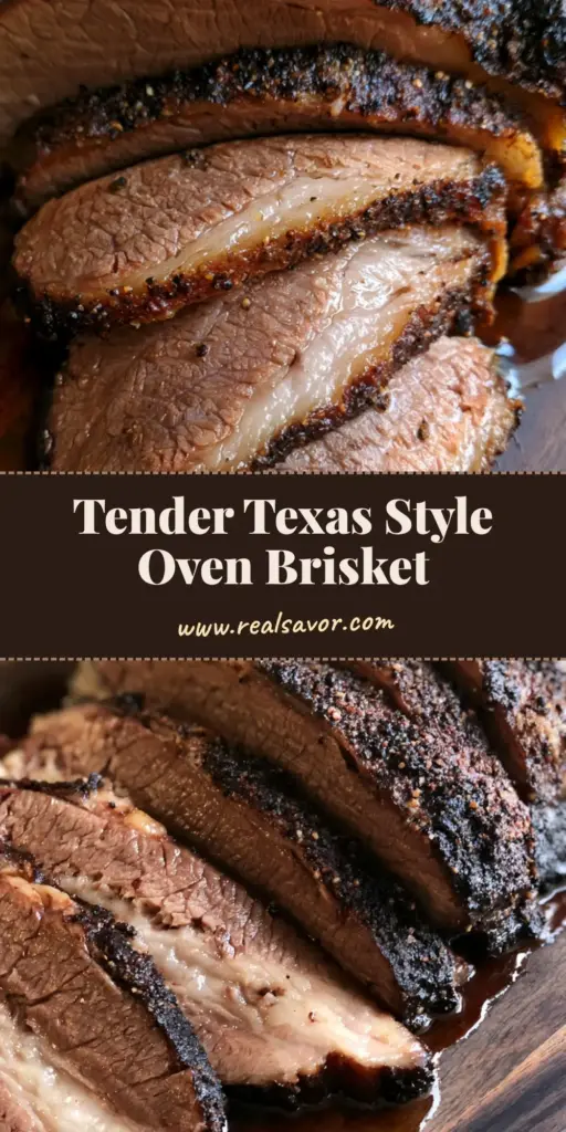 Close-up of sliced Oven Baked Beef Brisket with a heavy charred black pepper rub bark on a wooden board.