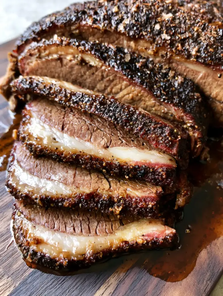 Slices of Oven Baked Beef Brisket showing rendered fat and moist interior meat.