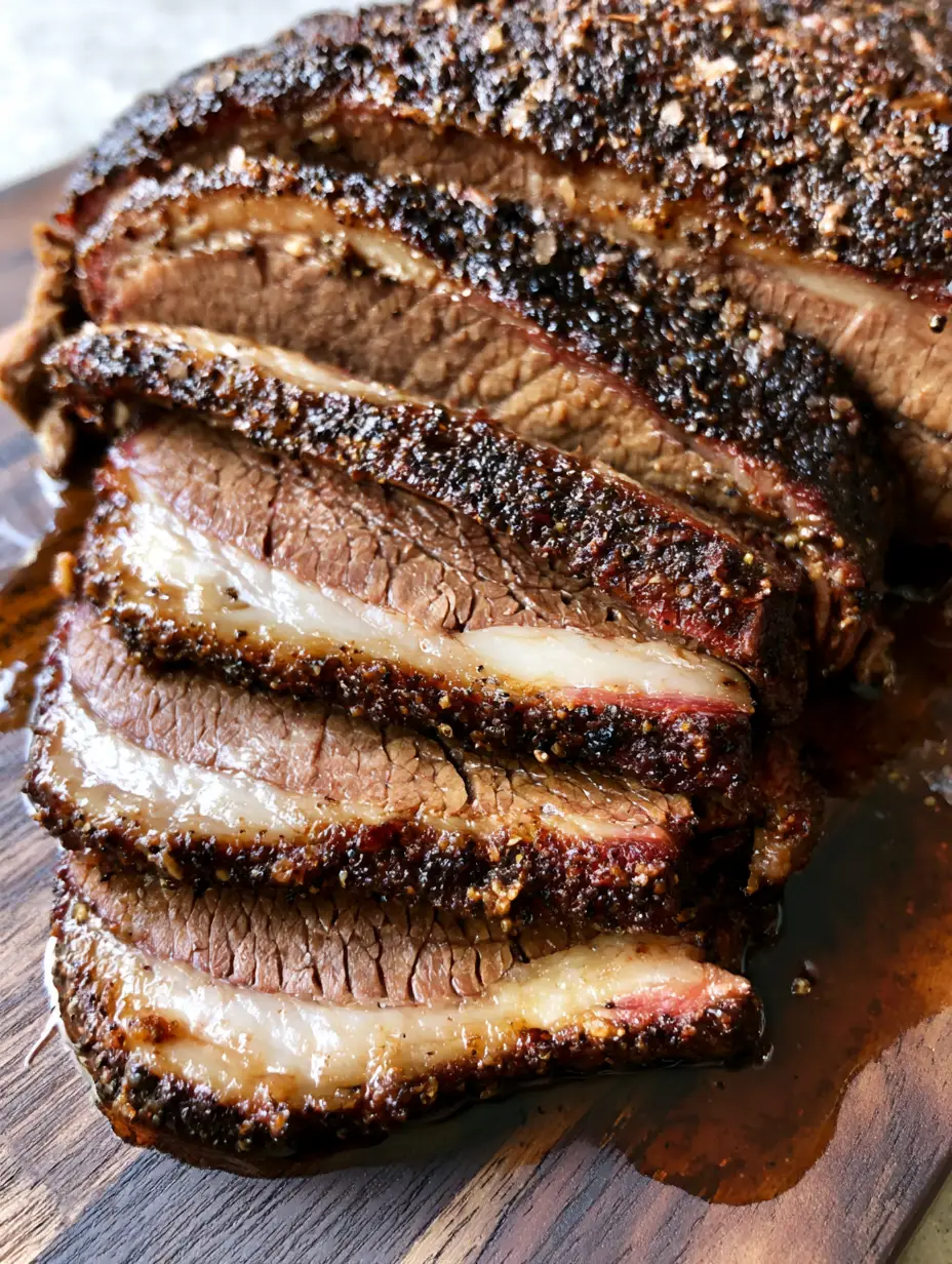 Slices of Oven Baked Beef Brisket showing rendered fat and moist interior meat.