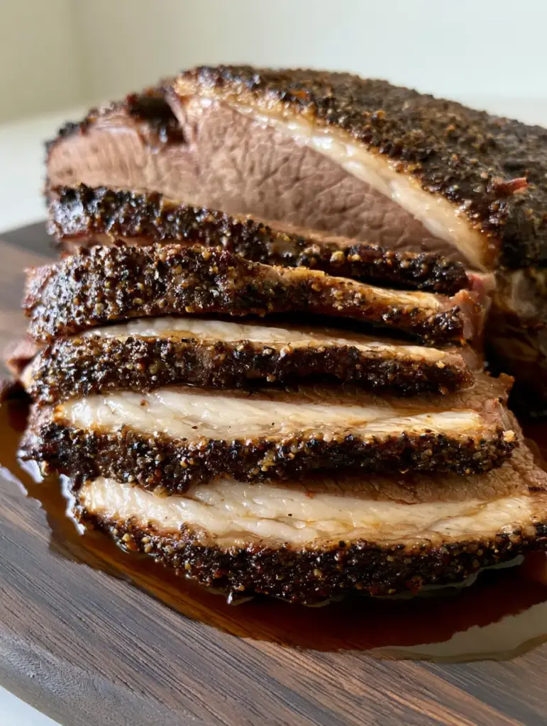 Thick-cut slices of brisket resting in natural dark juices on a dark wooden board.