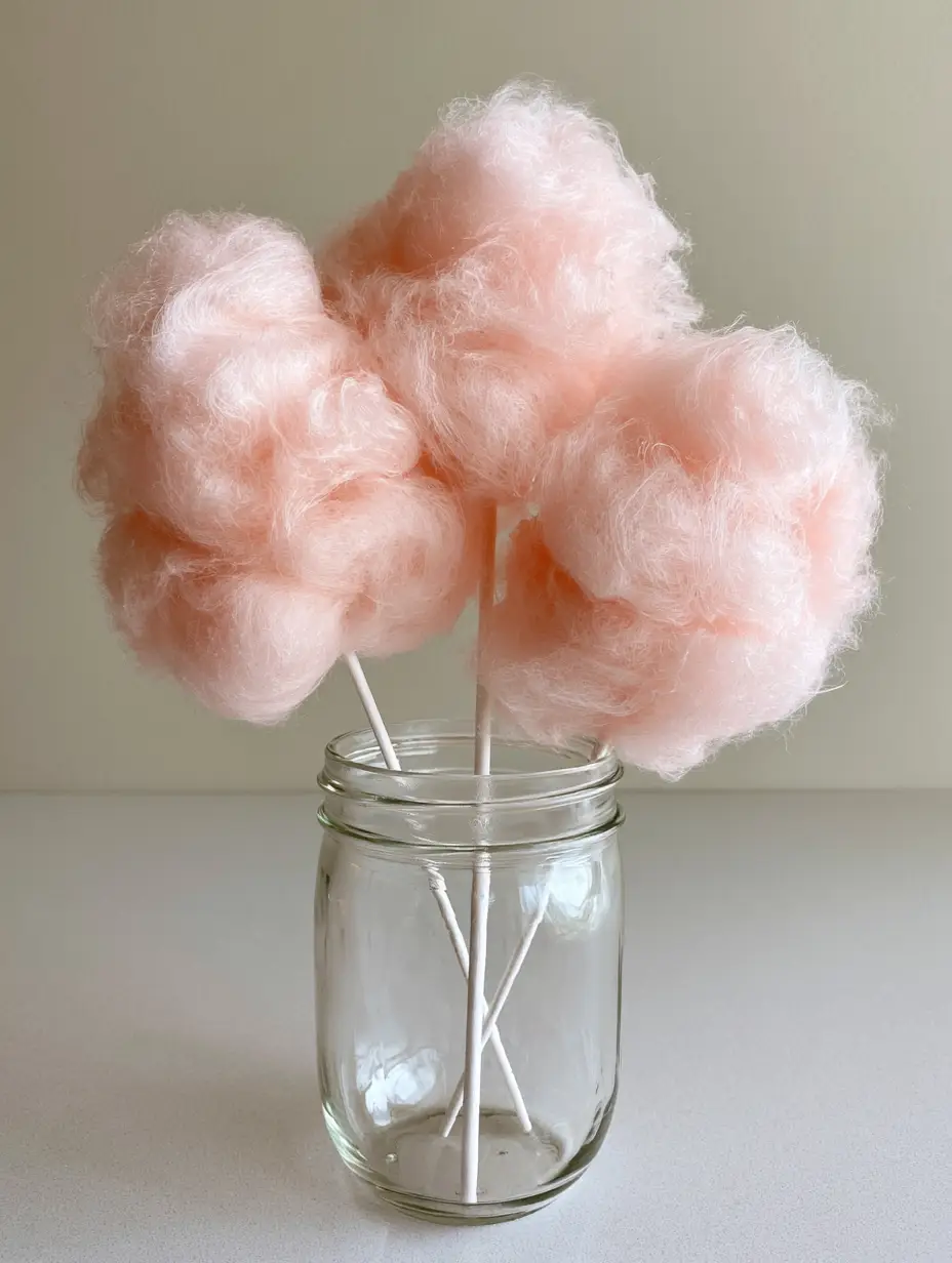 Close up of thin, wispy pink sugar strands of Homemade Cotton Candy on white paper sticks.