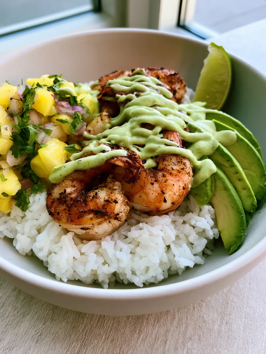 Overhead view of a Shrimp Pineapple Rice Bowl showing fluffy jasmine rice and juicy seared shrimp. (Shrimp Pineapple Rice Bowl)
