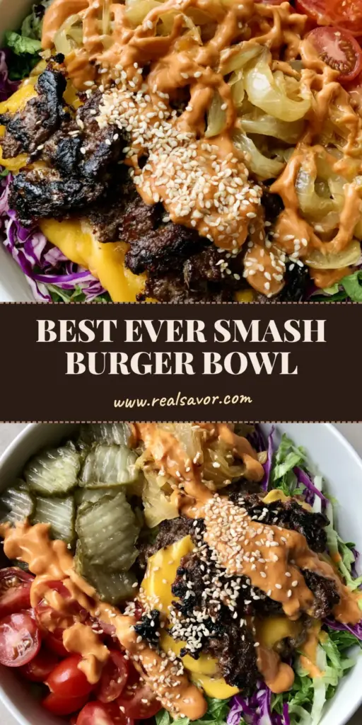 A handheld smartphone photo of a white ceramic bowl containing two charred smash burger patties with melted yellow cheese, caramelized onions, and pickles on a bed of greens. (Smash Burger Bowl)