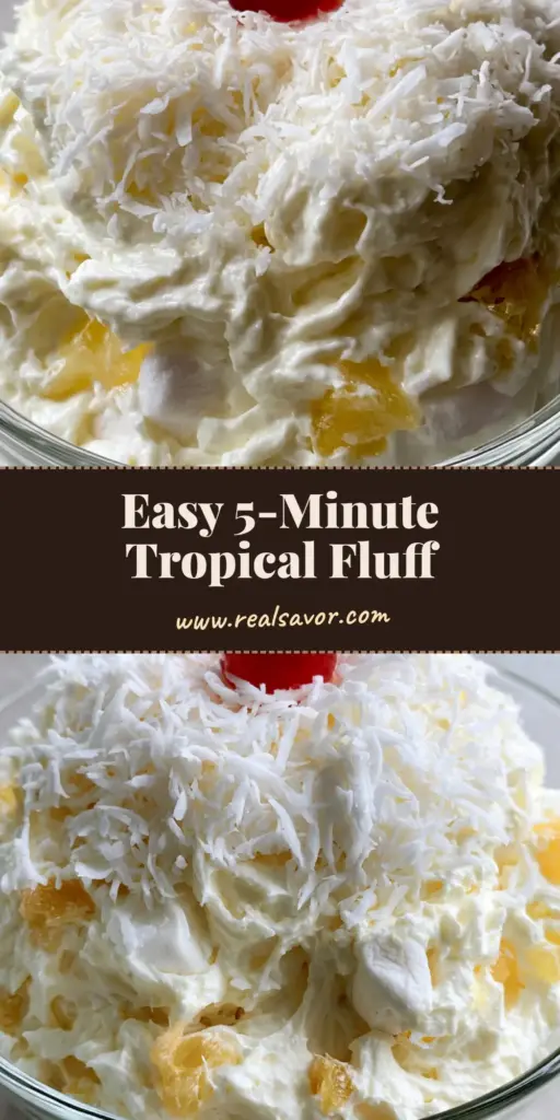 A clear glass bowl filled with Hawaiian Pineapple Coconut Fluff, topped with white shredded coconut and a single red cherry on a stone countertop.