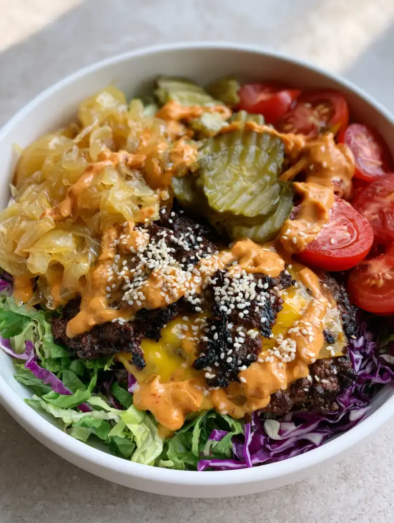 Overhead shot of a completed Smash Burger Bowl showing shredded cabbage, tomatoes, pickles, and sesame seed garnish.