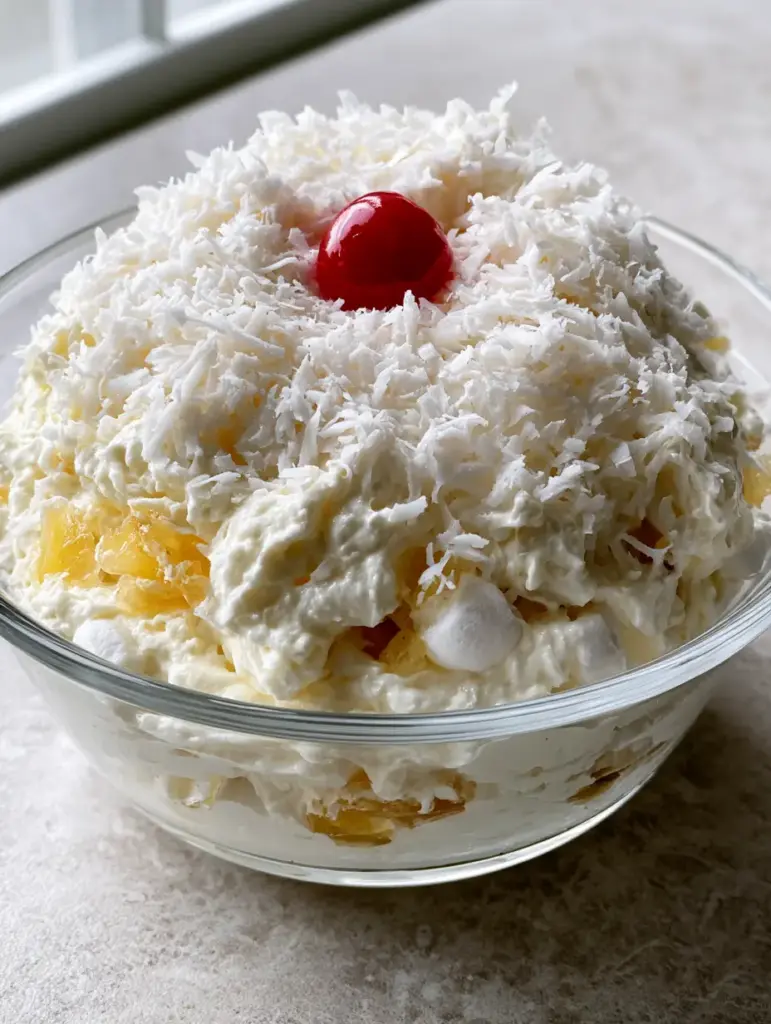 A close-up handheld smartphone photo of Hawaiian Pineapple Coconut Fluff in a glass bowl with visible pineapple bits and marshmallows.