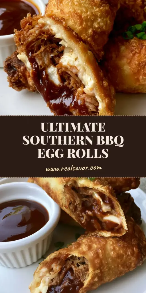 A stack of three crispy, golden-brown Southern BBQ Egg Rolls garnished with fresh green scallions on a white plate.