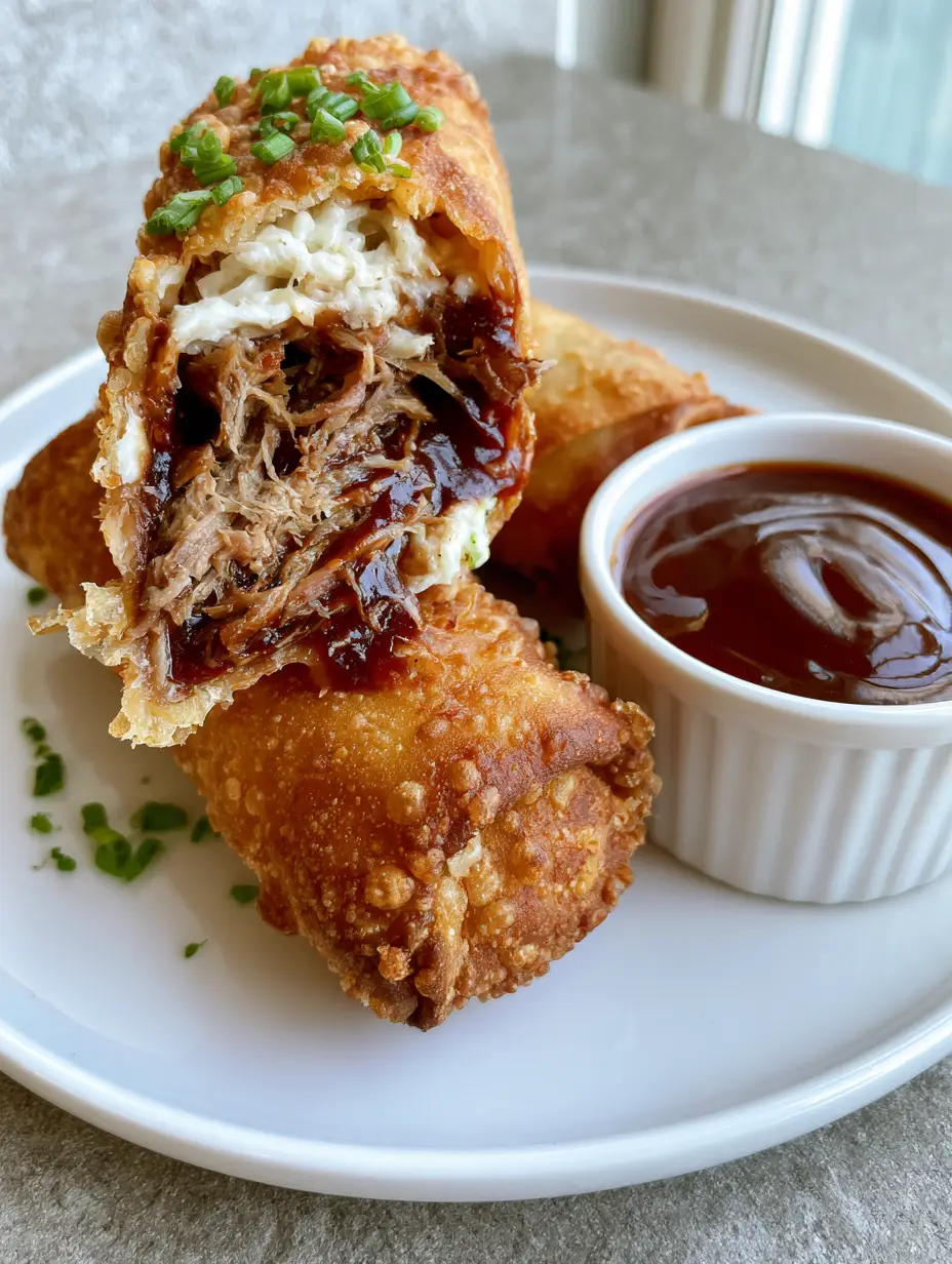 Close up of a sliced Southern BBQ Egg Roll showing the shredded smoked pulled pork and creamy coleslaw filling.