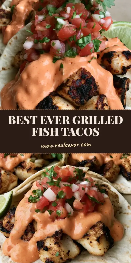 Three Grilled Fish Tacos in flour tortillas with charred fish, orange spicy mayo, and fresh pico de gallo.