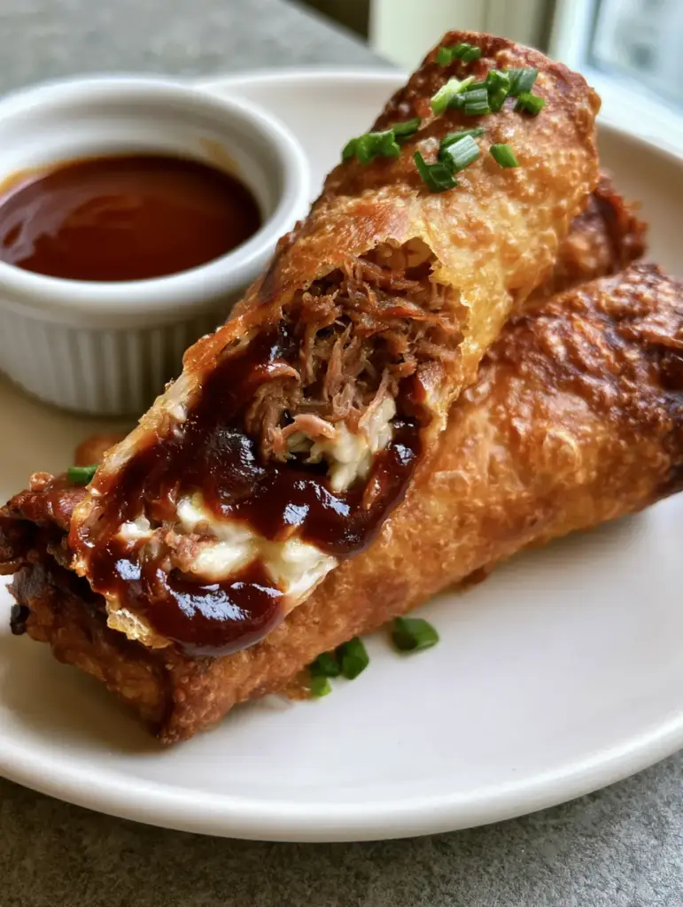 Three golden Southern BBQ Egg Rolls stacked next to a ramekin of dark amber BBQ dipping sauce.