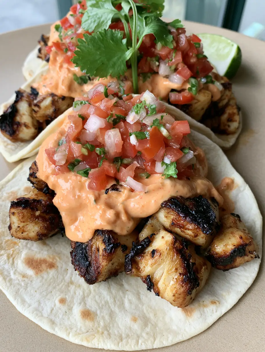 Overhead view of three Grilled Fish Tacos featuring chunky charred white fish and bright orange spicy sauce.