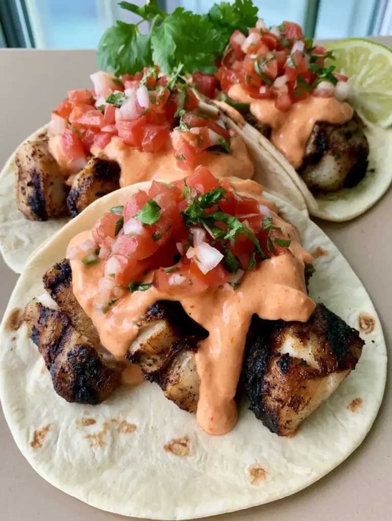 Close up of Grilled Fish Tacos on flour tortillas with finely diced white onion and red tomato toppings.