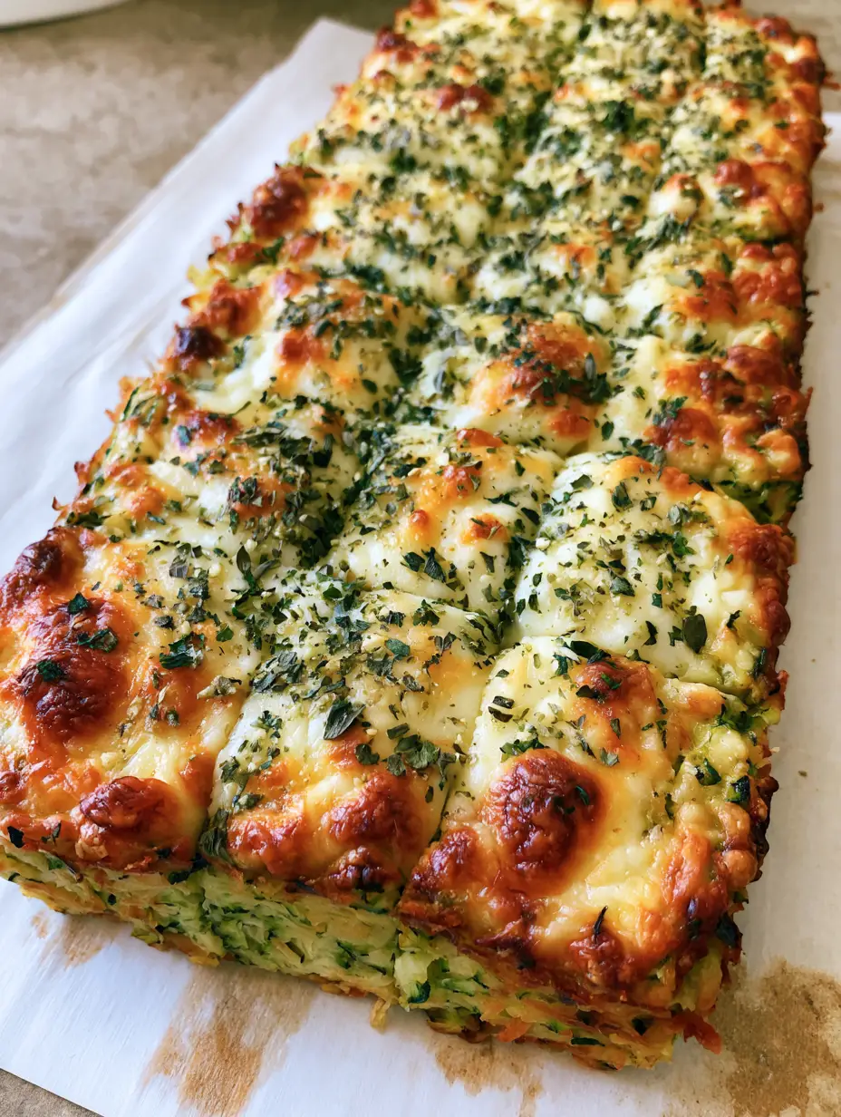Close-up handheld smartphone photo of Cheesy Zucchini Breadsticks showing the thin green-flecked crust and toasted parmesan spots.