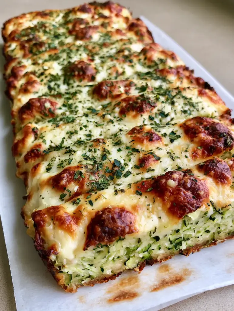 Sliced vertical Cheesy Zucchini Breadsticks seasoned with oregano and parsley on stained parchment paper.