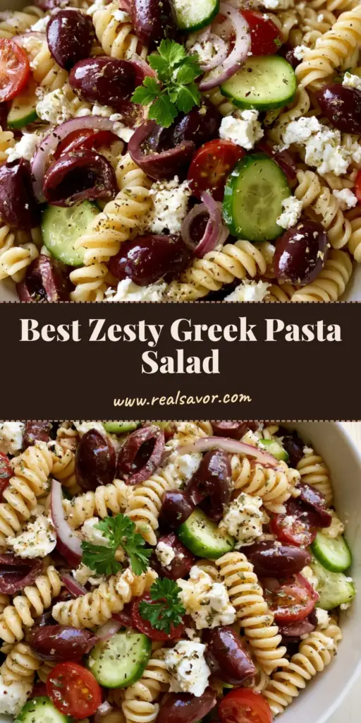 A top-down view of Greek Olive Pasta Salad in a white bowl featuring rotini, Kalamata olives, feta, and cucumbers on a wooden surface.