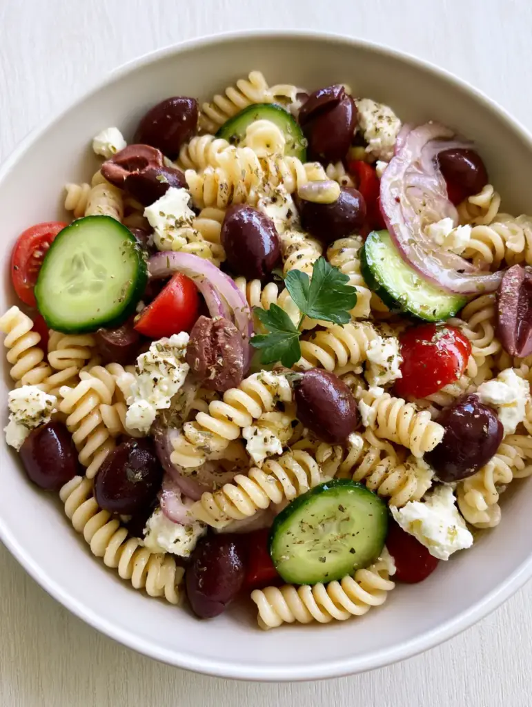 Close up of rotini pasta coated in herb vinaigrette with purple Kalamata olives and bright green cucumber slices. (Greek Olive Pasta Salad)