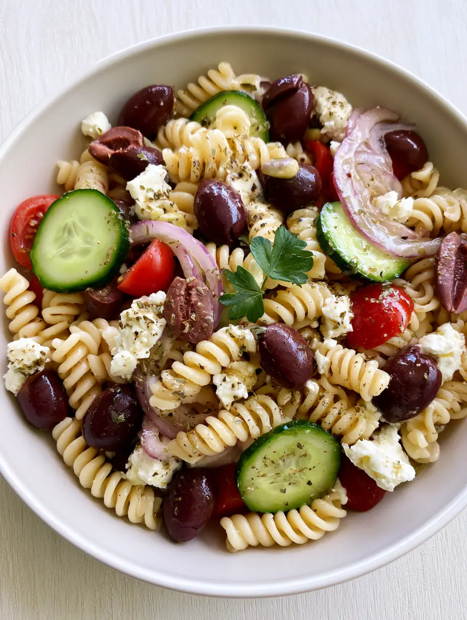 Close up of rotini pasta coated in herb vinaigrette with purple Kalamata olives and bright green cucumber slices. (Greek Olive Pasta Salad)