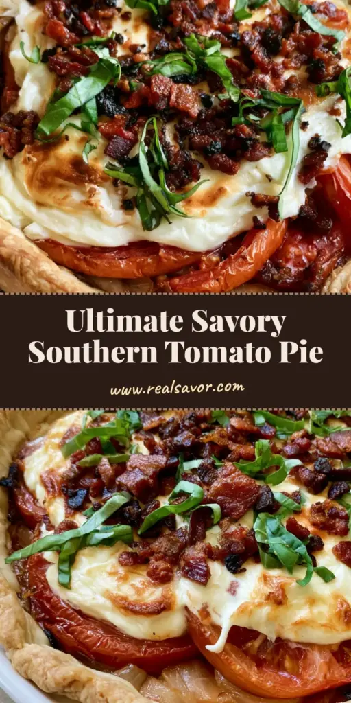 A close-up shot of a Bacon Onion Tomato Pie in a white ceramic dish with a golden crust, bubbly cheese, crispy bacon, and fresh basil ribbons.