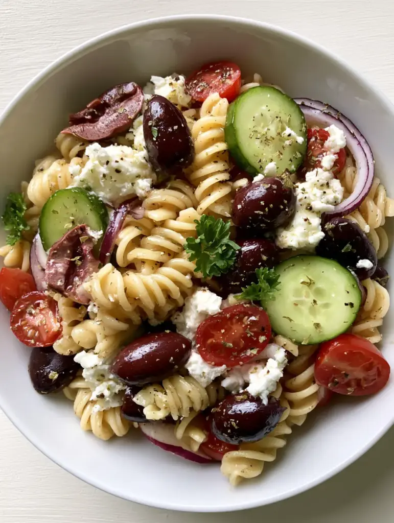 Top-down view of the assembled Greek Olive Pasta Salad showing the variety of textures from creamy feta to crisp red onions.