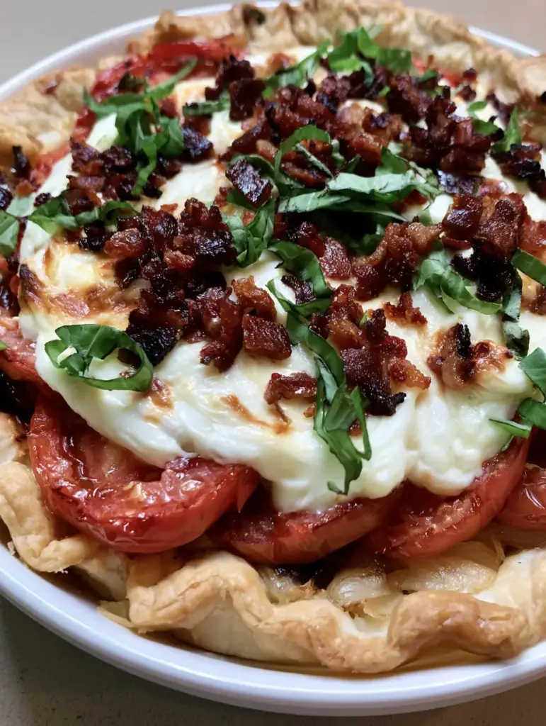 A handheld smartphone photo showing the layers of a Bacon Onion Tomato Pie, featuring caramelized onions and melted white cheese.