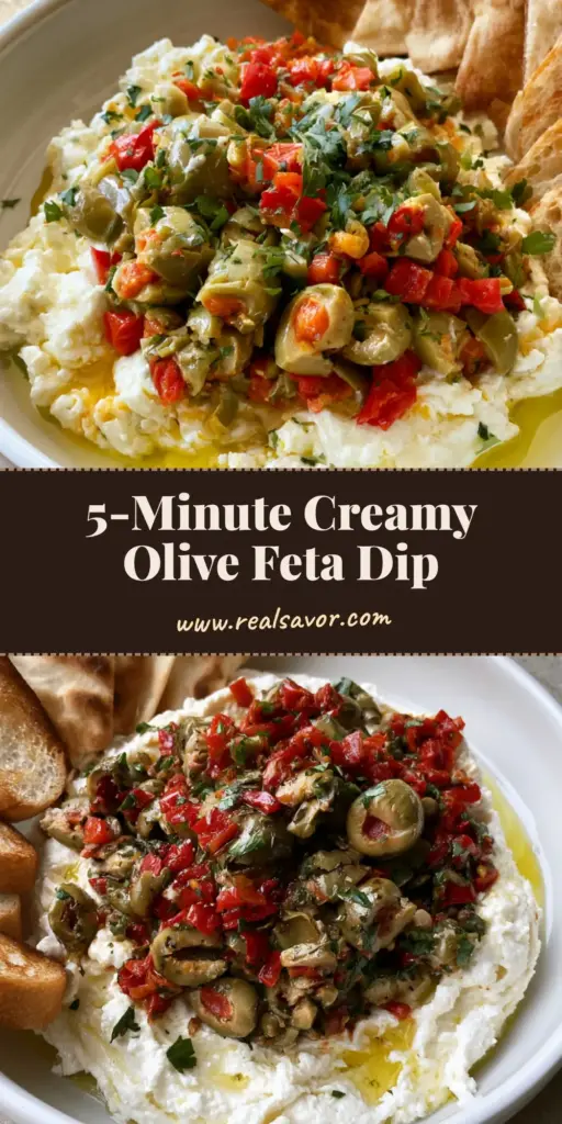 A shallow white bowl of Feta and Green Olive Dip topped with chopped green olives, roasted red peppers, and parsley, served with toasted pita and baguette slices.