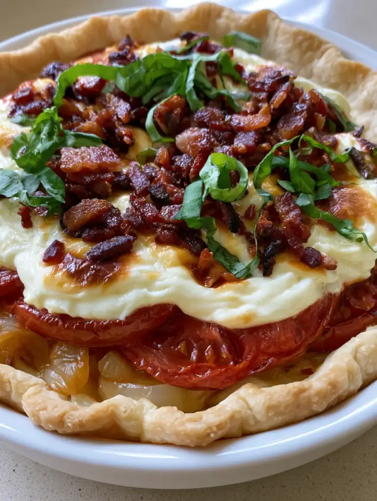 Overhead view of a Bacon Onion Tomato Pie with dark brown crispy bacon crumbles and green basil chiffonade.