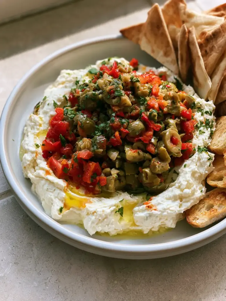 Handheld photo of a creamy whipped Feta and Green Olive Dip in a white bowl on a stone countertop.