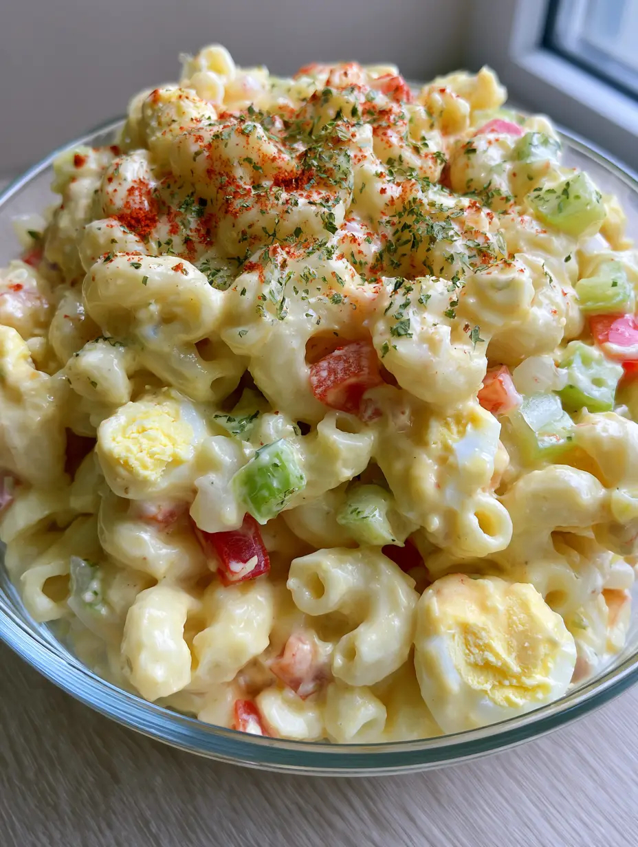 A smartphone photo of Amish Pasta Salad in a clear glass bowl on a wooden surface showing celery and red peppers. (Amish Pasta Salad)
