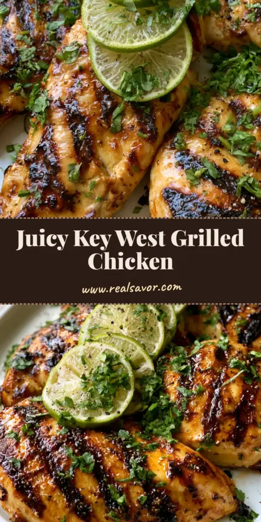 A top-down view of Key West Grilled Chicken on a white platter featuring dark char marks, glossy glaze, lime slices, and fresh cilantro.