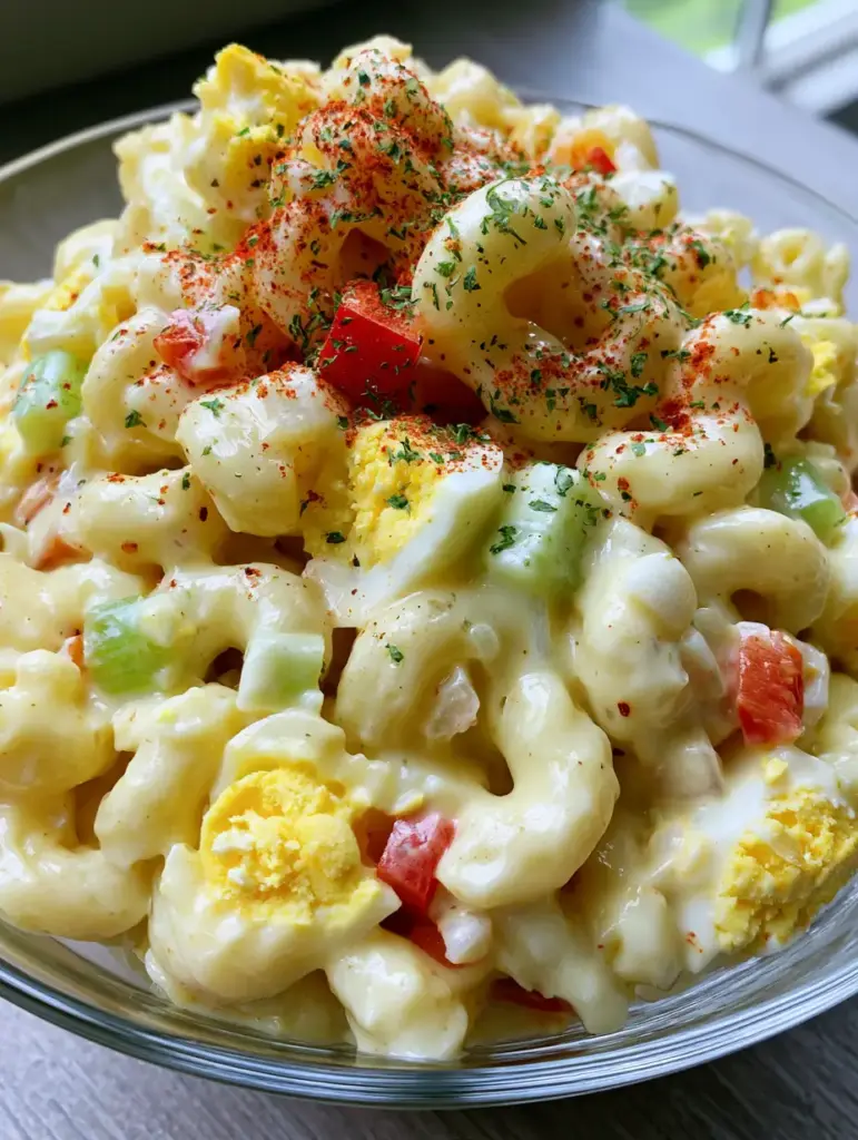 Overhead shot of Amish Pasta Salad garnished with paprika and parsley flakes.