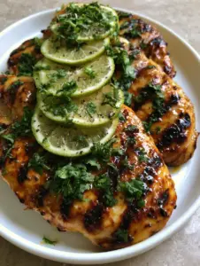 Close-up of Key West Grilled Chicken breasts with deep char marks and glistening golden-brown honey glaze on a white platter. (Key West Grilled Chicken)