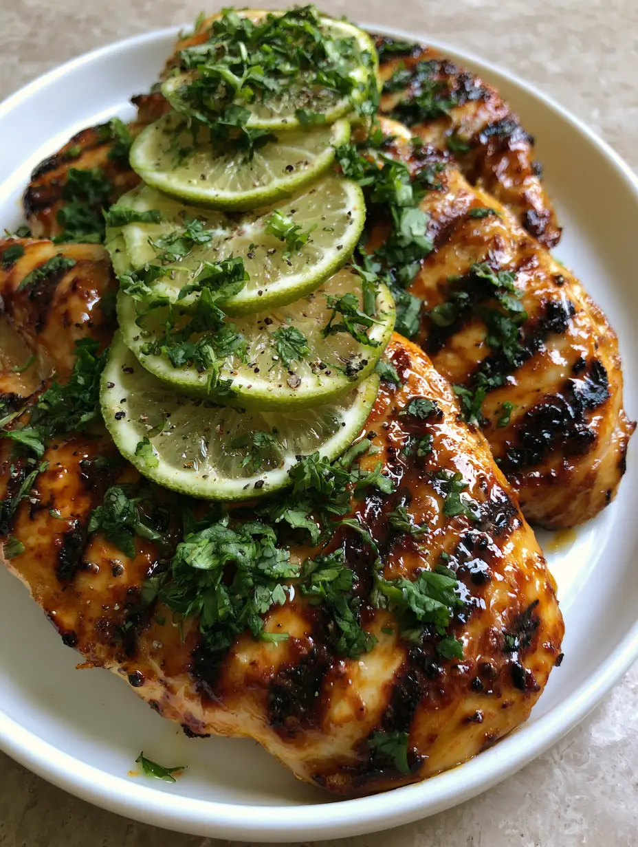 Close-up of Key West Grilled Chicken breasts with deep char marks and glistening golden-brown honey glaze on a white platter. (Key West Grilled Chicken)