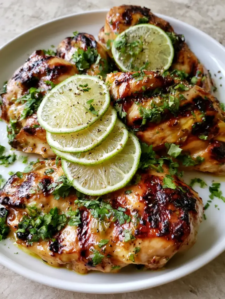 Smartphone style handheld photo of Key West Grilled Chicken garnished with cilantro, cracked pepper, and lime rounds on a stone countertop.