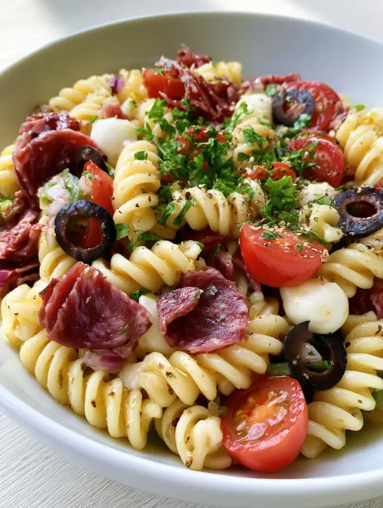Close-up of rotini pasta glistening with golden Italian dressing in a High Protein Italian Pasta Salad.