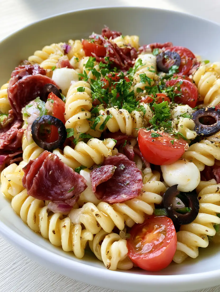 Close-up of rotini pasta glistening with golden Italian dressing in a High Protein Italian Pasta Salad.