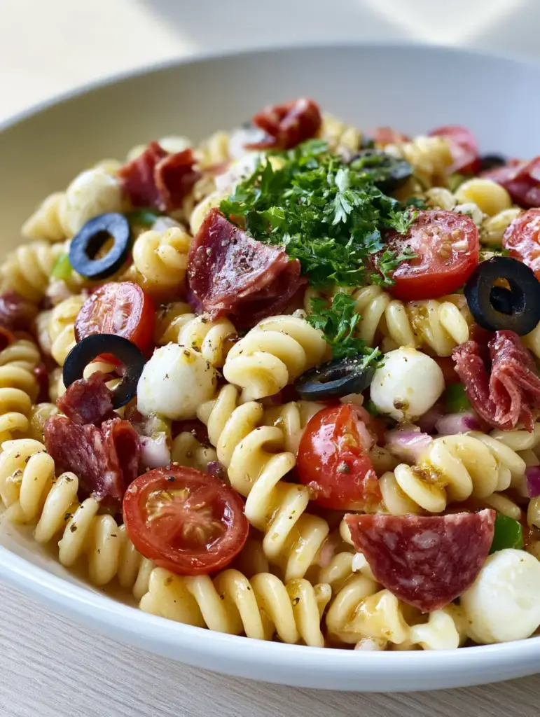 Salami slices and mozzarella pearls scattered in a High Protein Italian Pasta Salad.