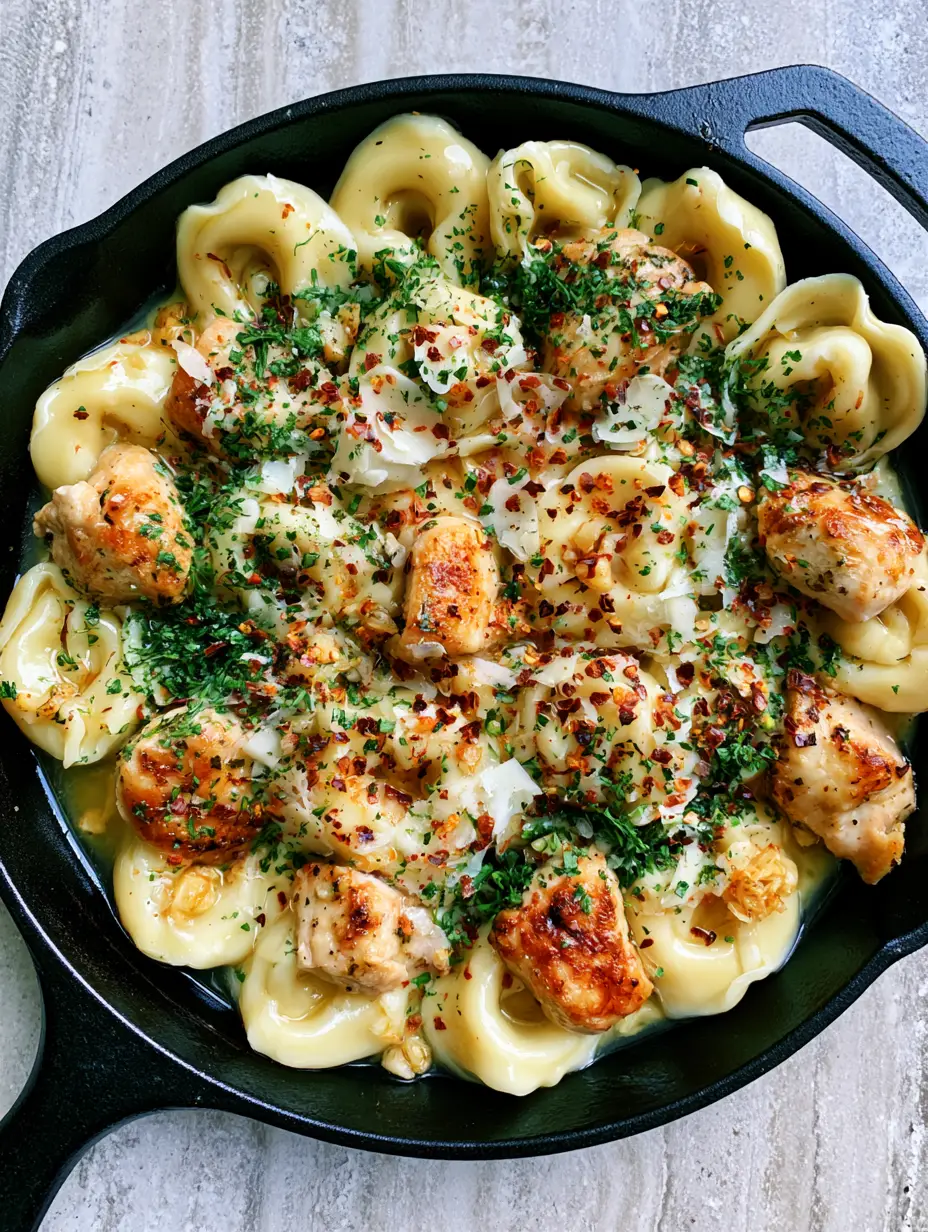 Close up photo of plump cheese tortellini and seared chicken in a translucent golden garlic butter sauce. (Spicy Garlic Butter Chicken Tortellini)