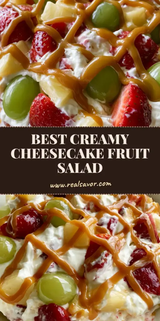A close-up vertical shot of Cheesecake Fruit Salad in a white bowl, showing sliced strawberries, whole green grapes, and a thick caramel drizzle criss-crossing the velvety cream.